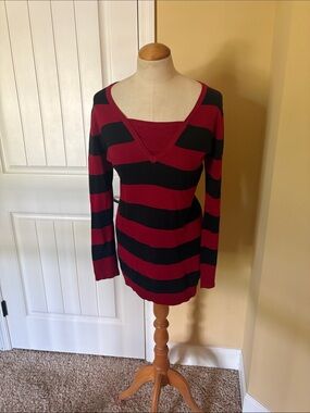 Striped Red and Black V-Neck Sweater